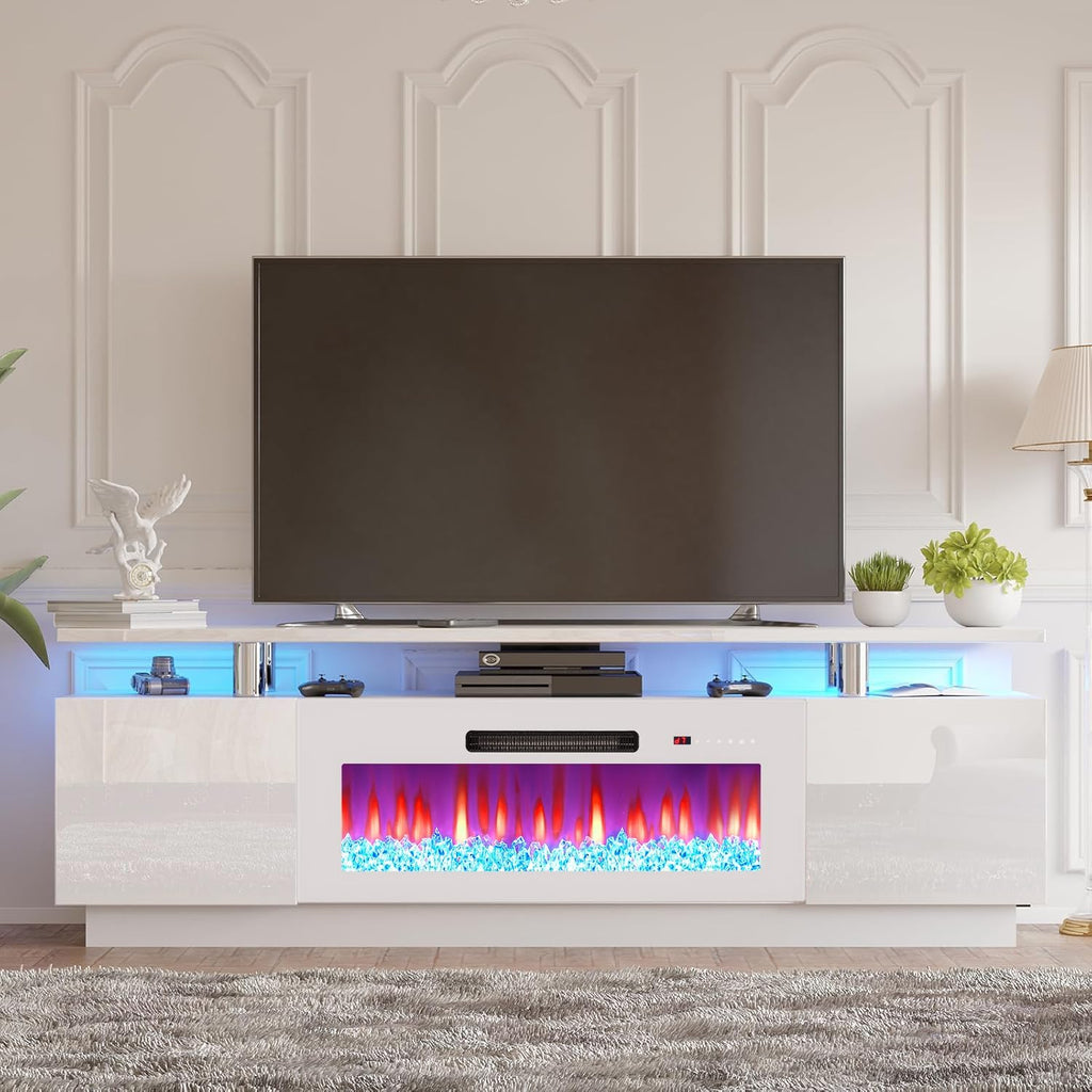 AMERLIFE Fireplace TV Stand with 36' Fireplace, 70' Modern Fireplace Entertainment Center LED Lights, 2 Tier TV Console Cabinet for TVs Up to 80', White & White