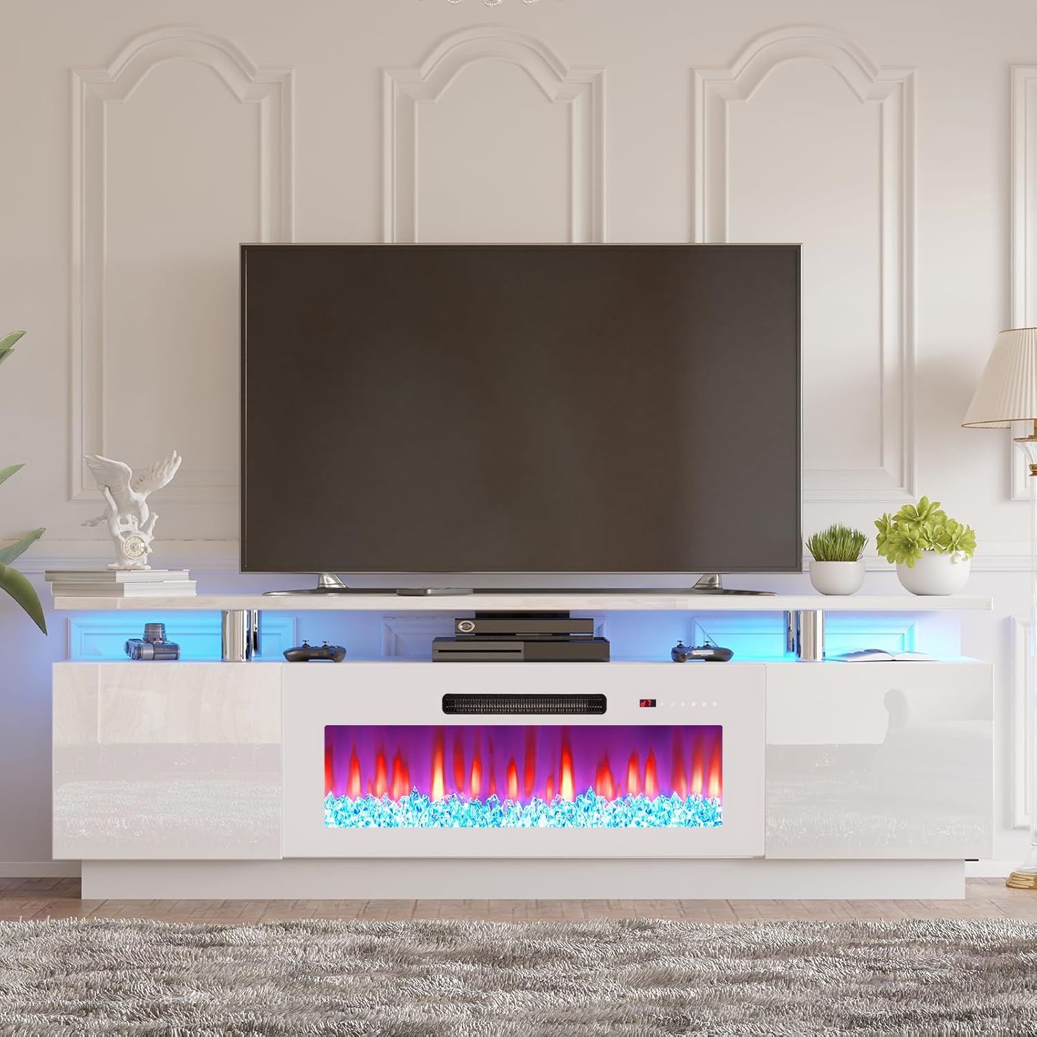 AMERLIFE Fireplace TV Stand with 36' Fireplace, 70' Modern Fireplace Entertainment Center LED Lights, 2 Tier TV Console Cabinet for TVs Up to 80', White & White
