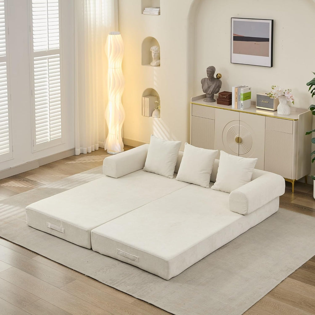 Deolme 3 in 1 Convertible Futon Sofa Bed, Modern King Size Chenille Loveseat Sleeper Sofa Folding, 3-Seater Foldable Lounger Couch Bed for Living Room, Bedroom Guest Room (Beige, 3 Throw Pillows)