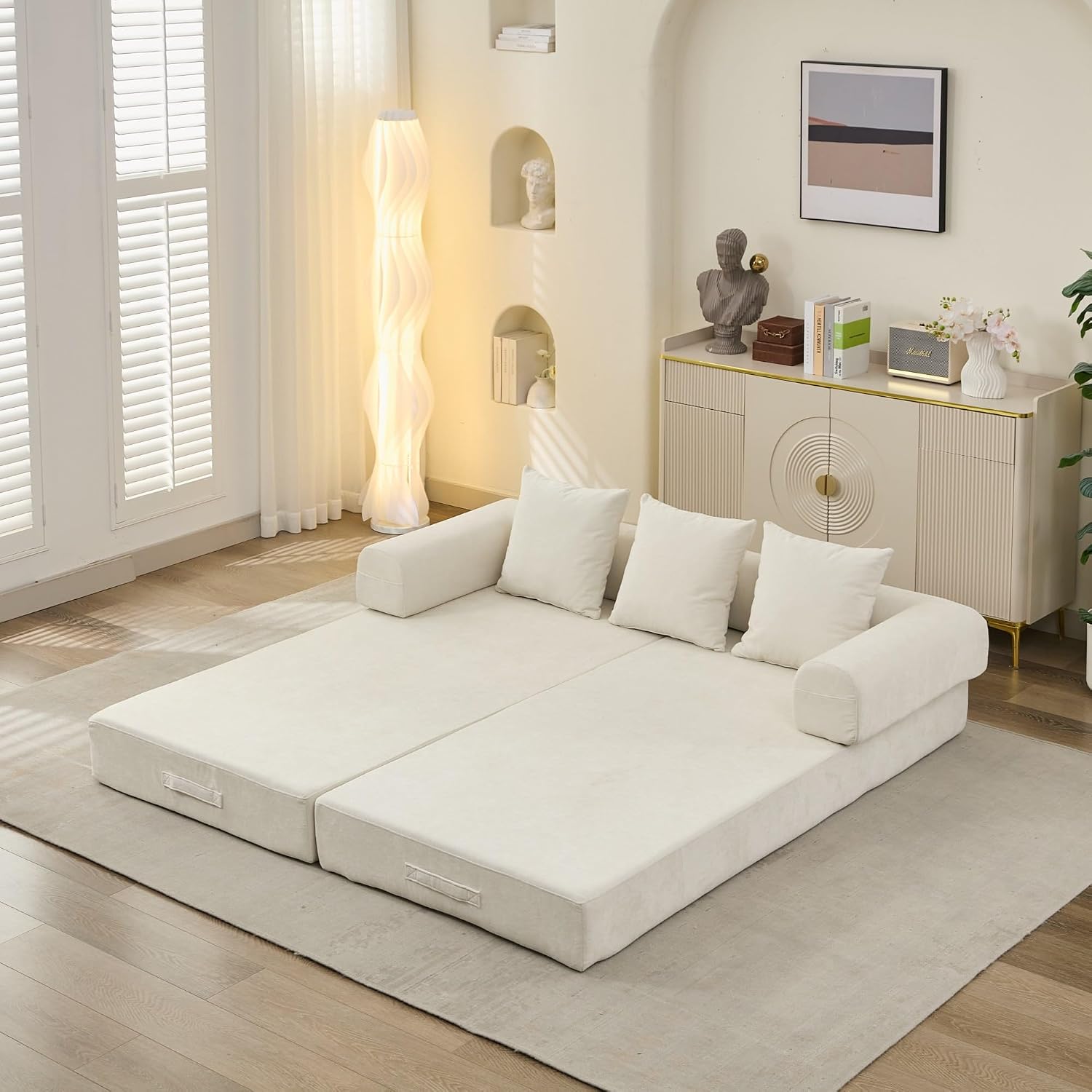 Deolme 3 in 1 Convertible Futon Sofa Bed, Modern King Size Chenille Loveseat Sleeper Sofa Folding, 3-Seater Foldable Lounger Couch Bed for Living Room, Bedroom Guest Room (Beige, 3 Throw Pillows)