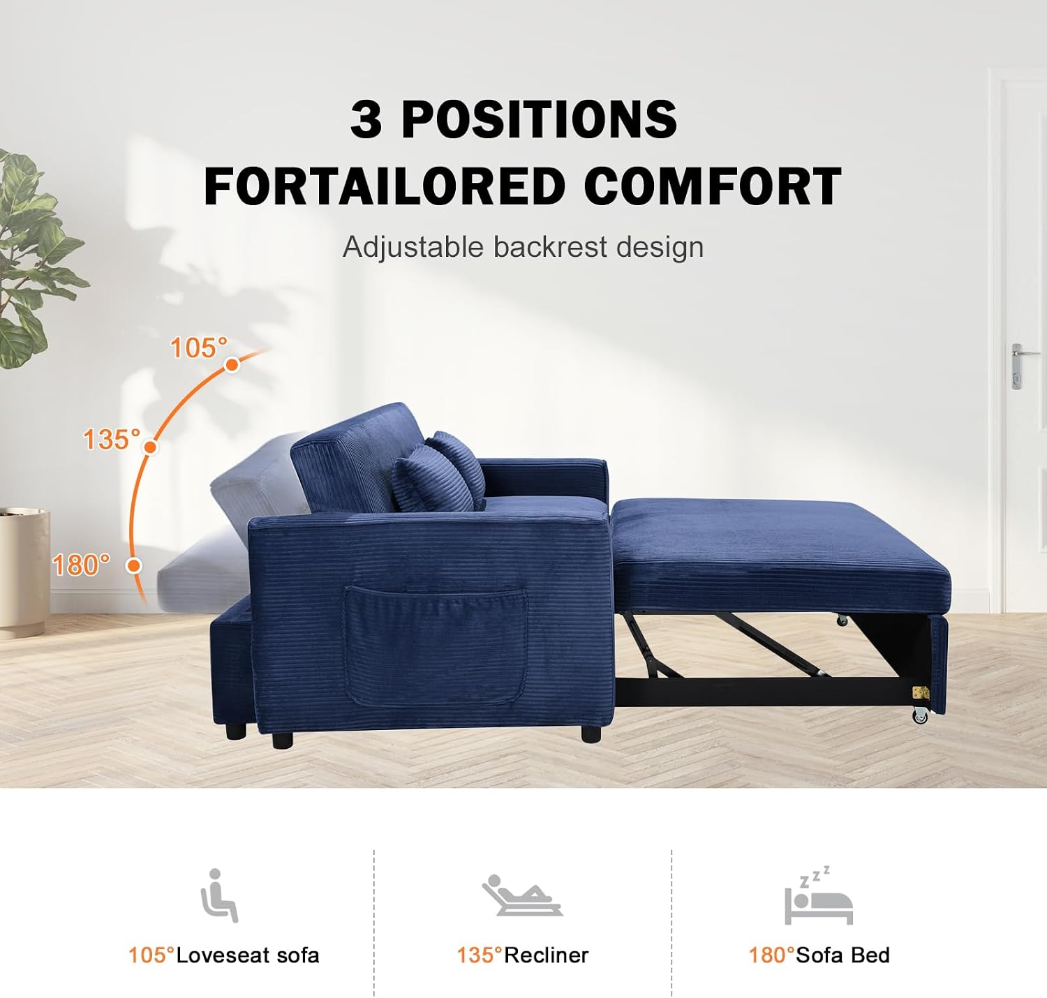 55.51' Sleeper Sofa Bed,Pull Out Couch with Side Pockets,3 in 1 Corduroy Fabric Loveseat Sleeper Sofa ,Pull Out Sofa Bed with Adjustable Backrest for Living Room, Bedroom, Apartment,（Navy Blue）