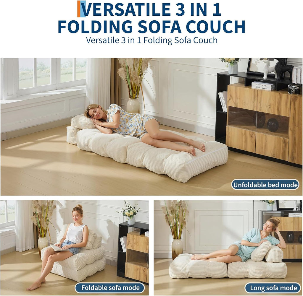 Folding Sofa Bed, 3-in-1 Convertible Sleeper Chair with Pillow, Single Futon Couch Bed with Back Support, Portable Fold Out Chair Bed Comfy Floor Sofa Lounge for Living Room Bedroom, Beige