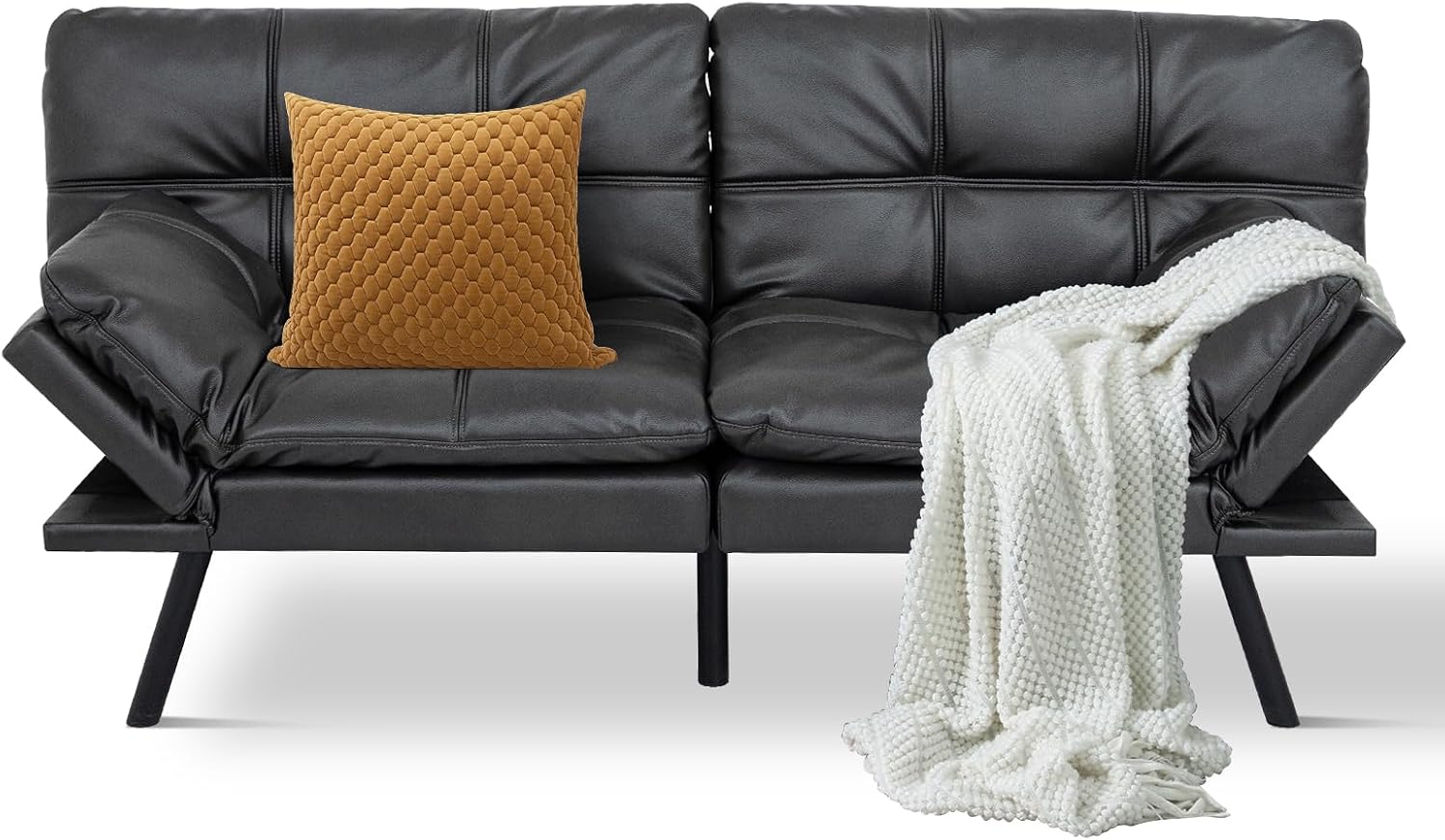 MUUEGM Futon Sofa Bed Convertible Couch,Memory Foam Futon Sofa Couch,Sleeper Futons Sofa Couches,Small Splitback Modern Loveseat Sofa Bed for Living Room,Office,Apartment,Faux Leather,Matte Black.