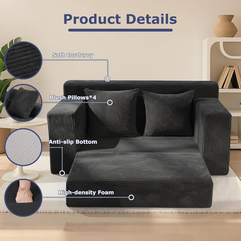 Convertible Sofa Bed, Boneless Couch Loveseat Sleeper, 2 in 1 Folding Couch Bed, Fold Out Comfy Floor Futon Sofa with Pillows for Living Room Bedroom, Black