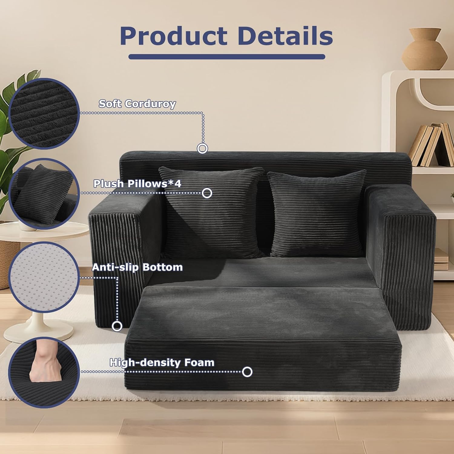 Convertible Sofa Bed, Boneless Couch Loveseat Sleeper, 2 in 1 Folding Couch Bed, Fold Out Comfy Floor Futon Sofa with Pillows for Living Room Bedroom, Black