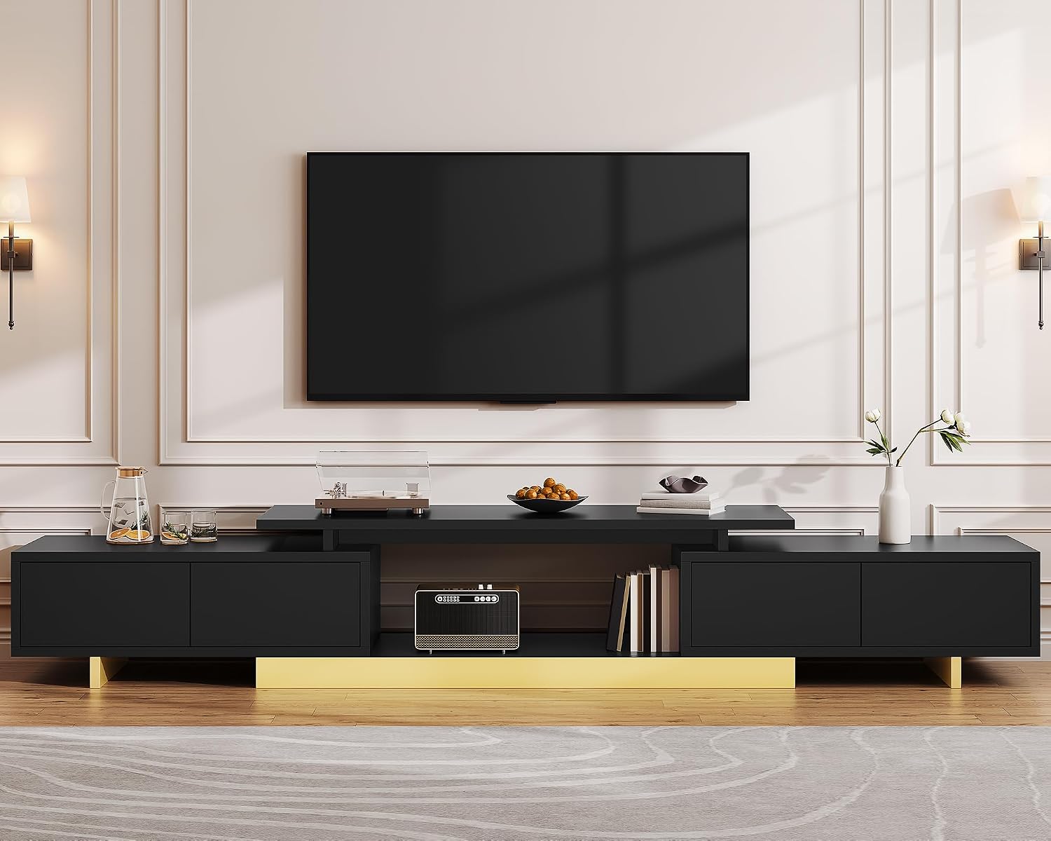 YITAHOME Extendable Entertainment Center 63 to 89 Inches, Modern TV Stand with 2 Door Cabinets and Open Shelf, Adjustable Length TV Console for Living Room, Black