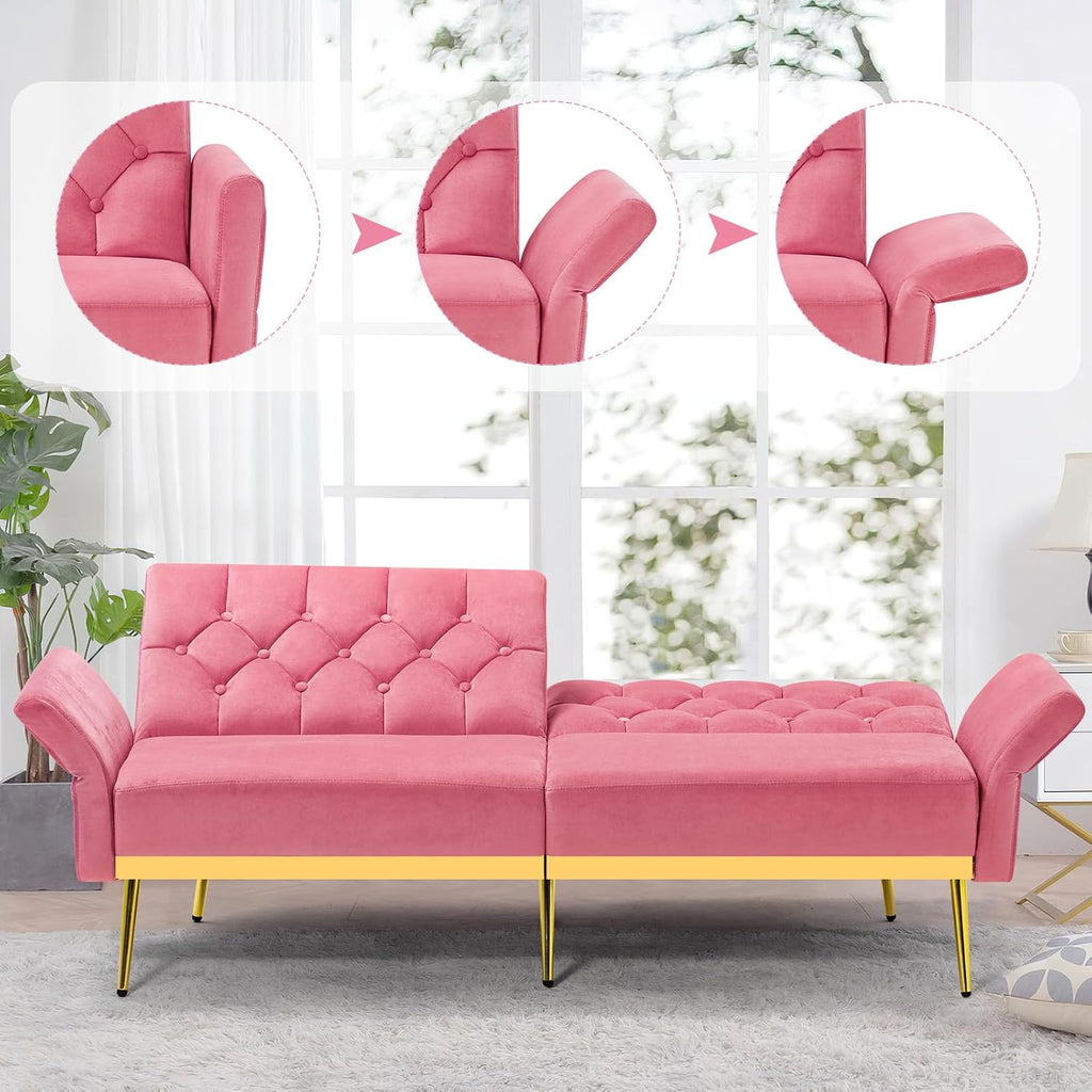 Velvet Futon Sofa Bed w/Adjustable Armrests & Backrests, Button Tufted Sleeper Couch, Modern Convertible Loveseat Sofa for Bedroom, Living Room, Apartment, Pink