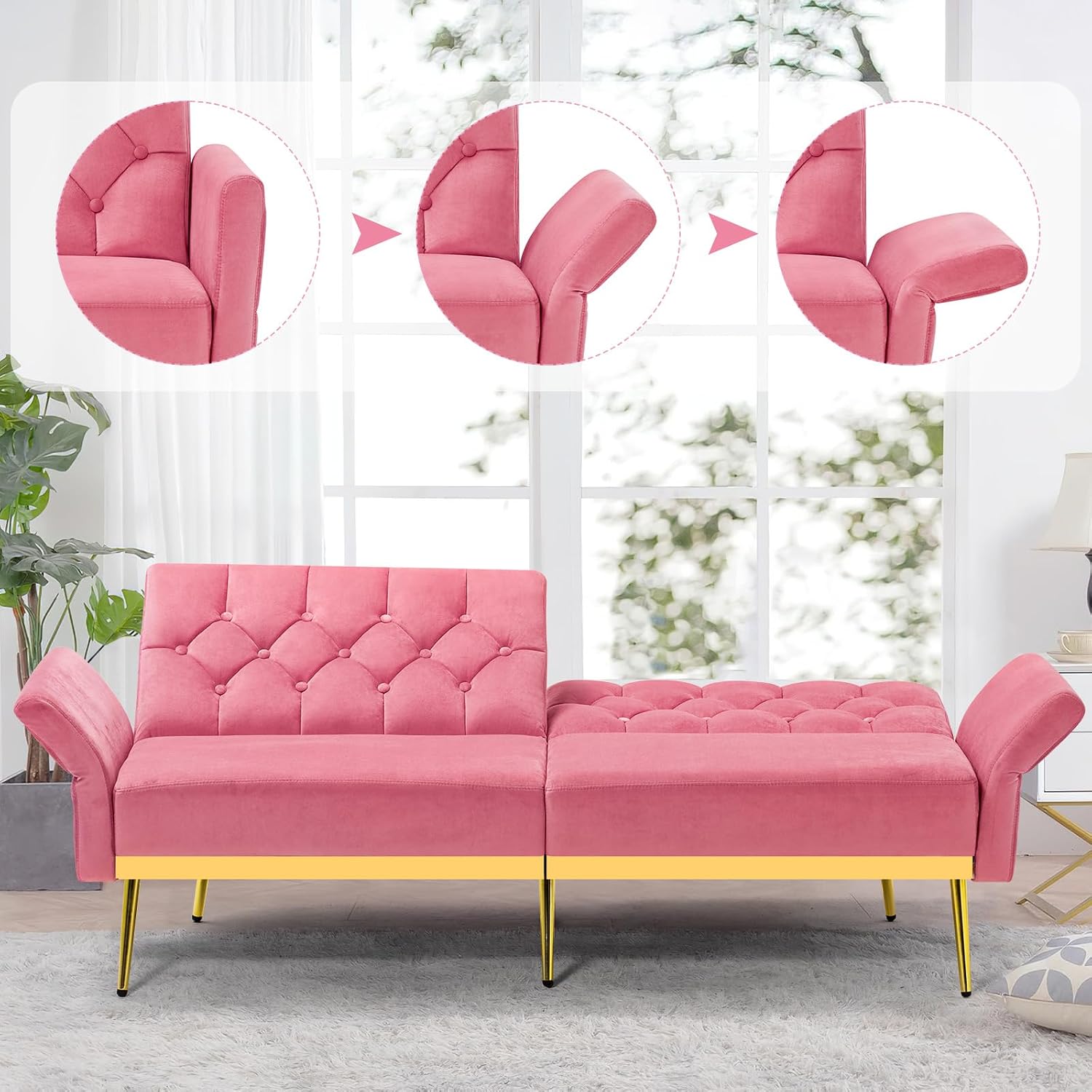 Velvet Futon Sofa Bed w/Adjustable Armrests & Backrests, Button Tufted Sleeper Couch, Modern Convertible Loveseat Sofa for Bedroom, Living Room, Apartment, Pink
