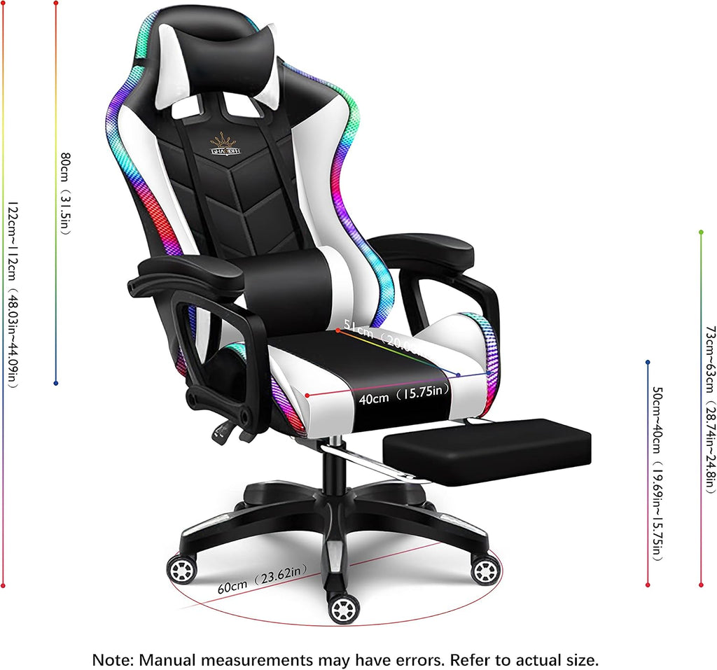 RGB Gaming Chair with Massage and Footrest, Ergonomic Pro Computer Chair with LED Lights and Speakers, High Back Music Video Chair with Lumbar Support and Headrest, for Adult Teens. (Black + White)