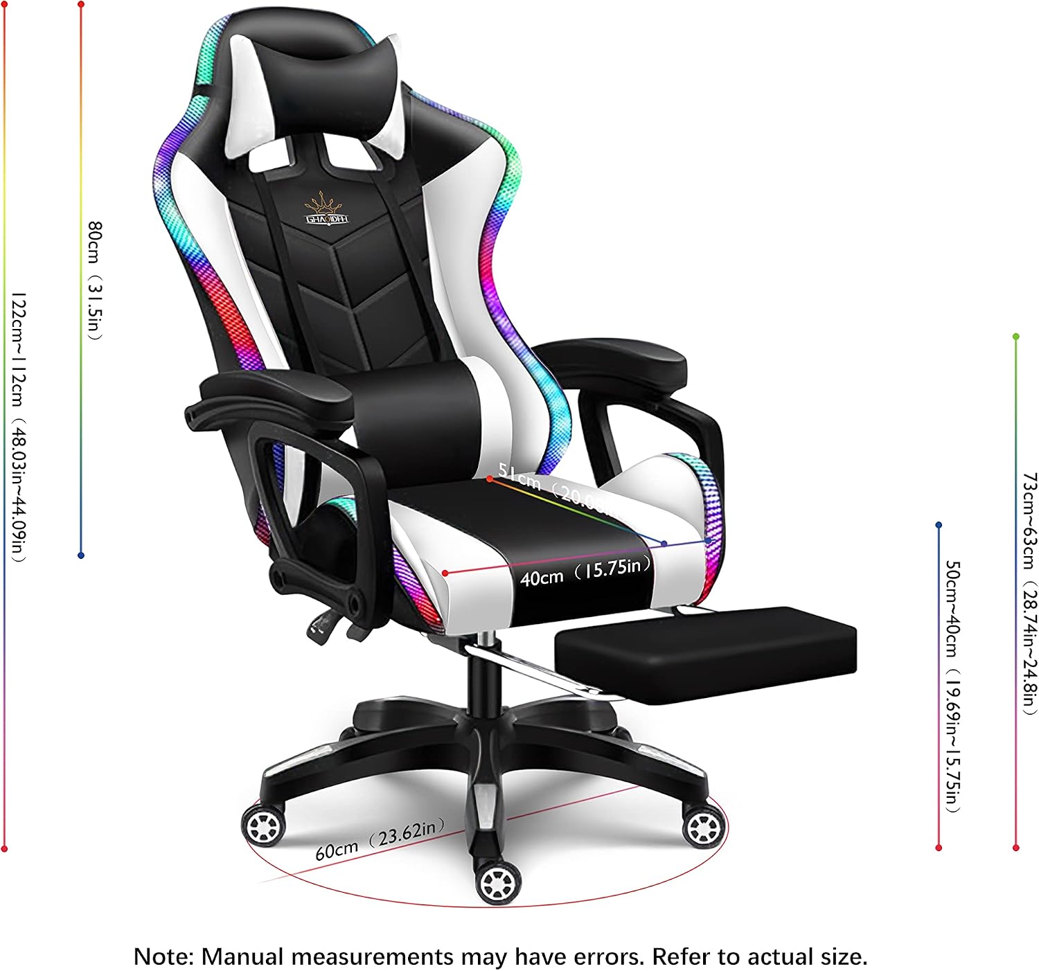 RGB Gaming Chair with Massage and Footrest, Ergonomic Pro Computer Chair with LED Lights and Speakers, High Back Music Video Chair with Lumbar Support and Headrest, for Adult Teens. (Black + White)