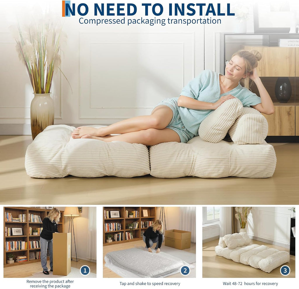 Folding Sofa Bed, 3-in-1 Convertible Sleeper Chair with Pillow, Single Futon Couch Bed with Back Support, Portable Fold Out Chair Bed Comfy Floor Sofa Lounge for Living Room Bedroom, Beige