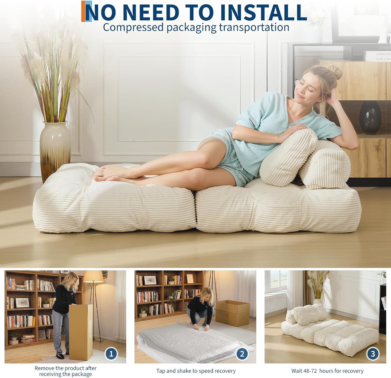 Folding Sofa Bed, 3-in-1 Convertible Sleeper Chair with Pillow, Single Futon Couch Bed with Back Support, Portable Fold Out Chair Bed Comfy Floor Sofa Lounge for Living Room Bedroom, Beige