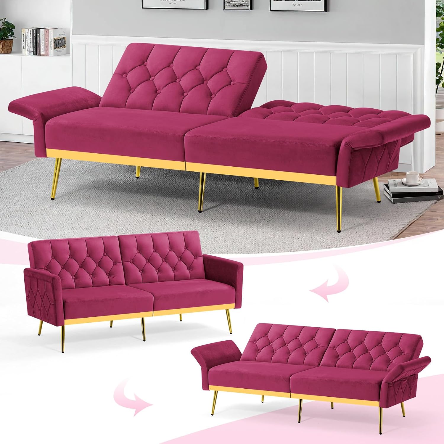 2 Pieces Velvet Sofa Set w/Adjustable Armrests and Backrests, Tufted Accent Chair w/Ottoman, Convertible Futon Sofa Bed for Bedroom, Living Room, Apartment, Fuchsia