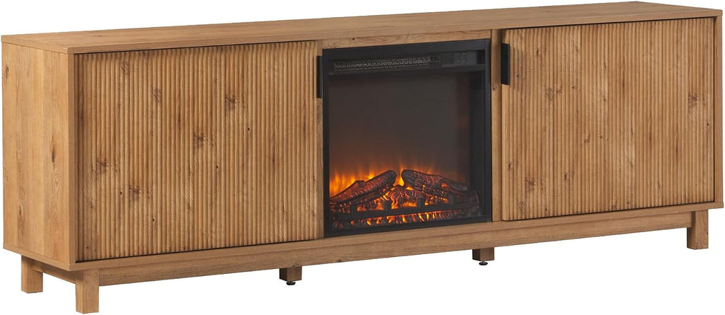 Walker Edison Arundo Reeded TV Stand with Fireplace & Storage, 70' Fireplace, English Oak