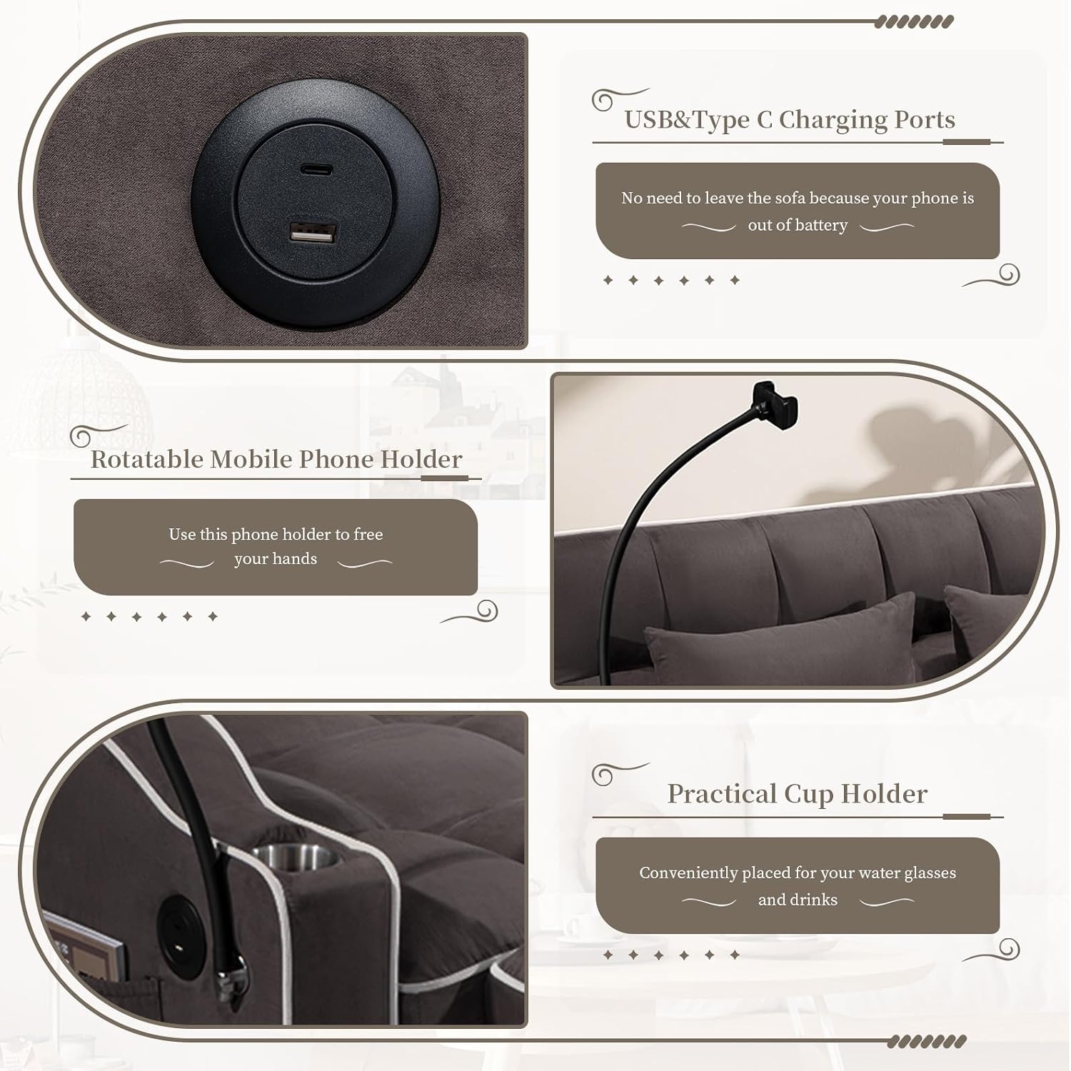 JEEOEHY 3 in 1 Convertible Sleeper Sofa Bed,Velvet Pull Out Couch Bed w USB&Type C Port,Comfy Futon Loveseat with Adjustable Backrest&Phone Holder for Living Room Apartment Small Space(Brown)