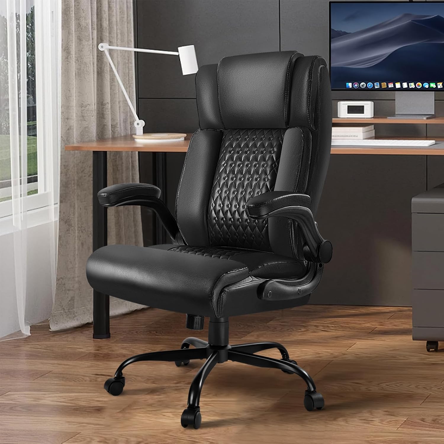 VITESSE Big and Tall Office Chair,Executive Office Chair with Flip up Armrest,Ergonomic High Back Computer Gaming Chairs Home Office 400lbs, Heavy Duty Chair with Lumbar Support（Black）