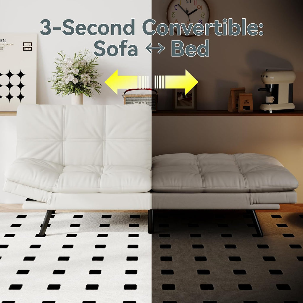Futon Sofa Bed Convertible Couch, White Faux Leather Sofa Bed with Memory Foam, Adjustable Backrest & Armrests, Multifunctional Small Loveseat Sleeper Sofa for Living Room, Apartment, Office