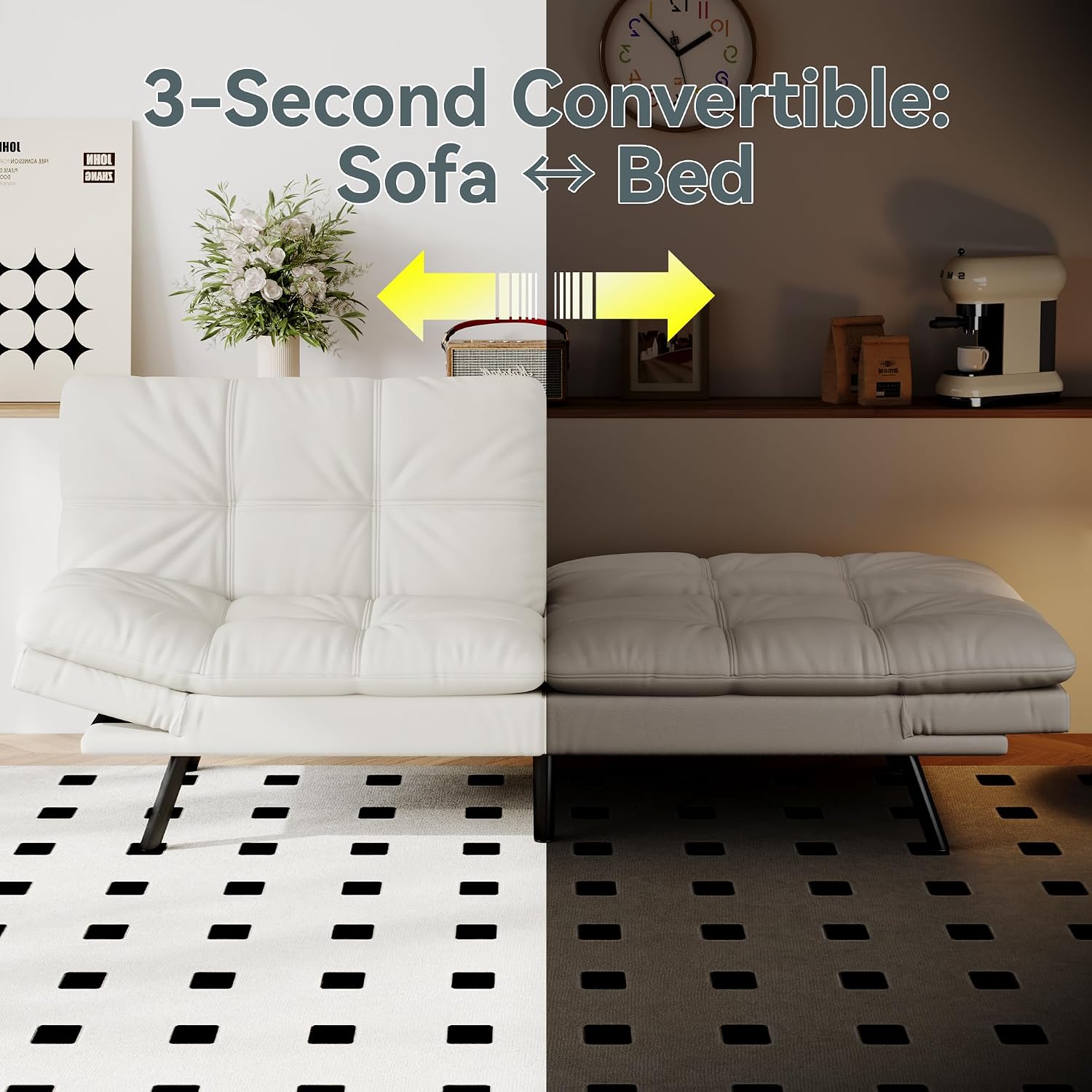 Futon Sofa Bed Convertible Couch, White Faux Leather Sofa Bed with Memory Foam, Adjustable Backrest & Armrests, Multifunctional Small Loveseat Sleeper Sofa for Living Room, Apartment, Office