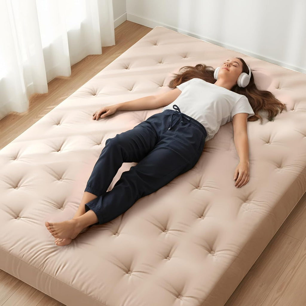 ZonLi Japanese Floor Futon Mattress Full Size 54'x 75',100% Cotton Cover 6'' Thicken Tatami Mattress,Foldable Sleeping Pad,Portable Dormitory Tatami Mat,Roll Up Floor Lounger Bed for Adult (Khaki)