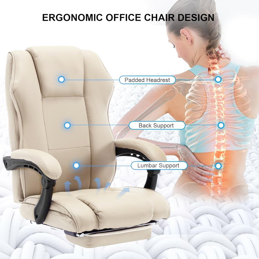 Ergonomic Reclining Office Chair with Footrest, PU Leather Comfortable Recliner Office Desk Chair with Leg Rest Wheels,Beige