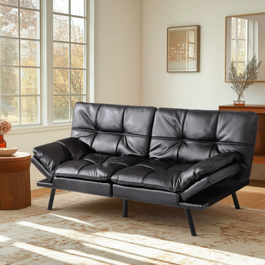 MUUEGM Futon Sofa Bed 71' Convertible Memory Foam Shiny Black Futon Couch Bed Modern Loveseat Sleeper with Adjustable Backrests Armrests for Living Room,Small Space,Office