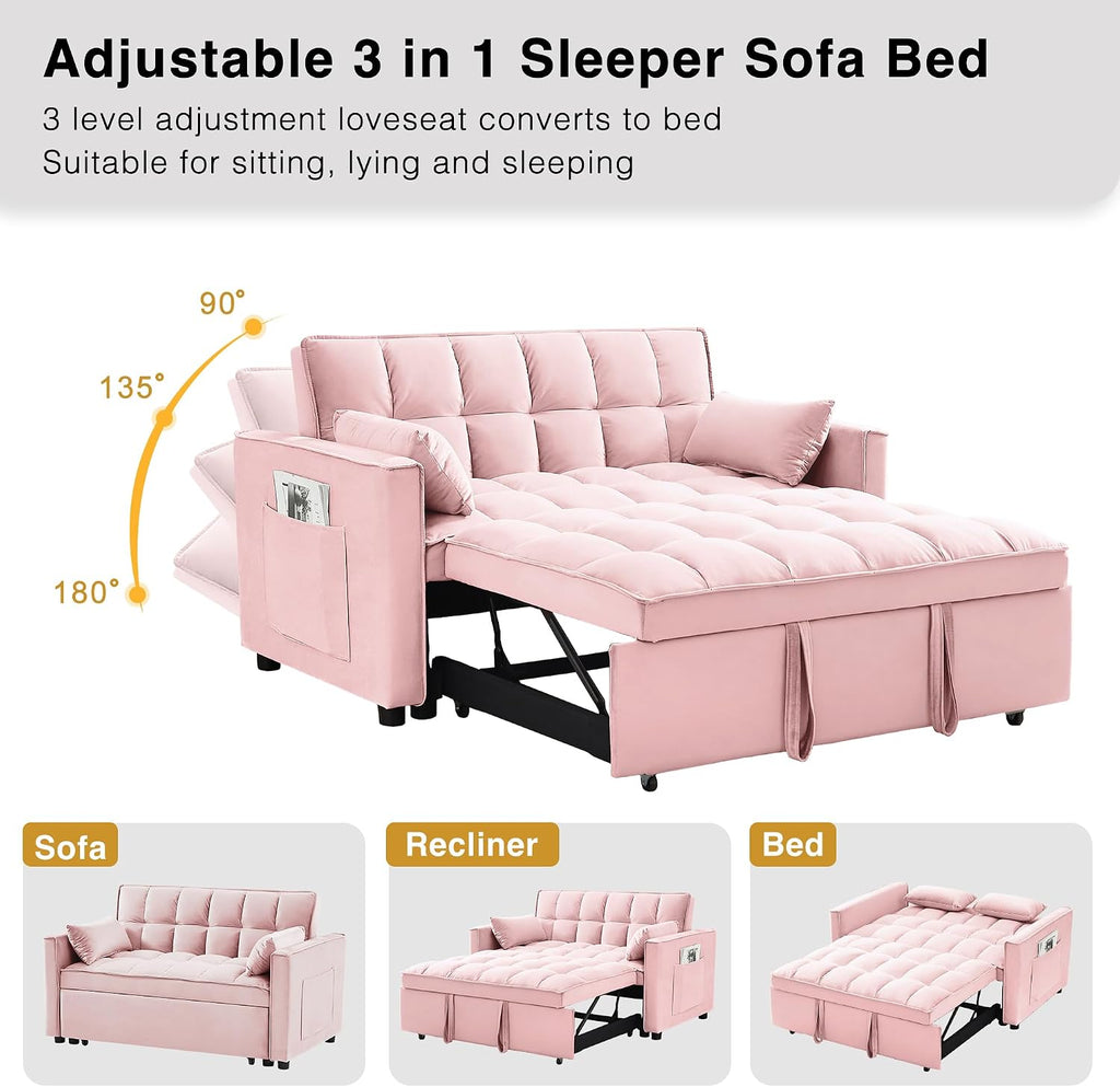 Wakefit 3 in 1 Convertible Sleeper Sofa Bed, Futon Couches for Living Room with Side Pocket | Adjustable Backrest| Velvet Fabric | Pull Out Couch | Recliner Loveseat | Sectional Sofa, Pink