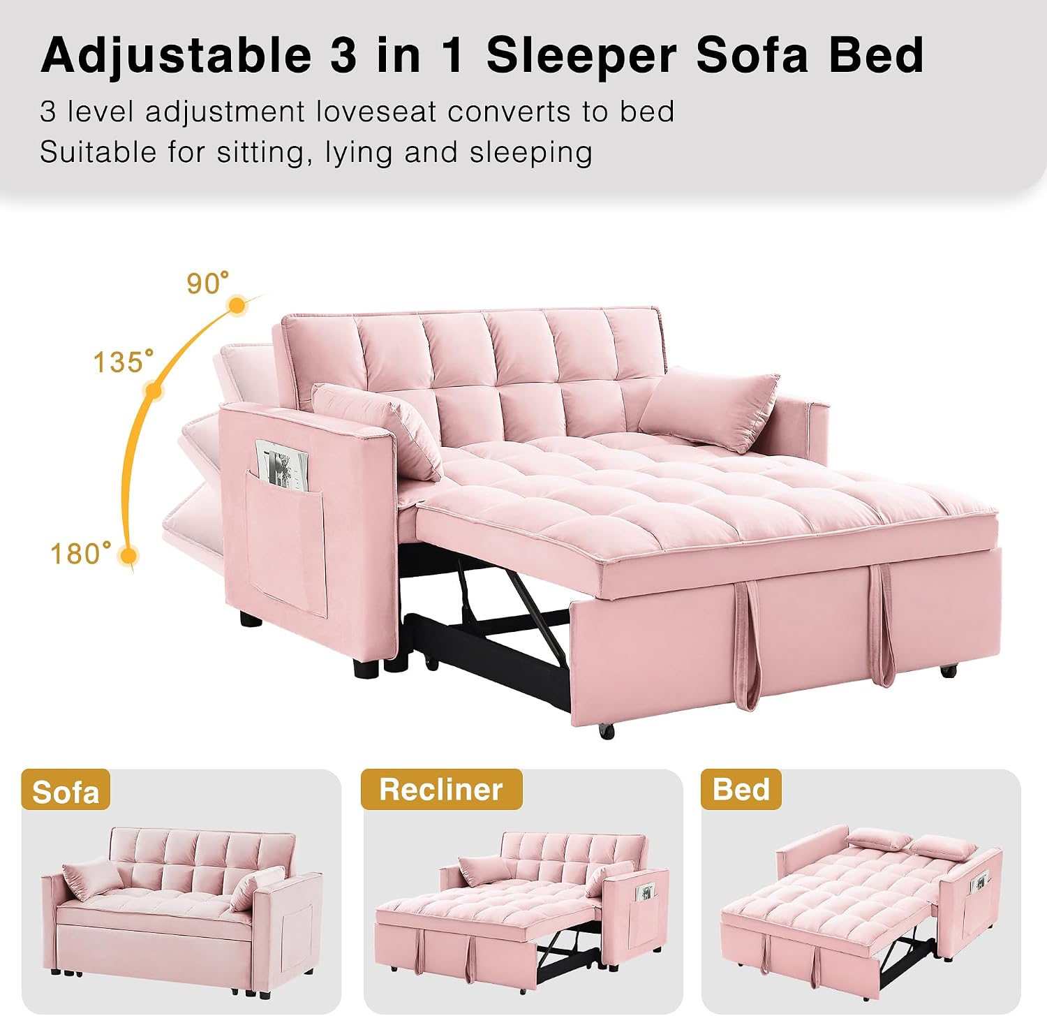 Wakefit 3 in 1 Convertible Sleeper Sofa Bed, Futon Couches for Living Room with Side Pocket | Adjustable Backrest| Velvet Fabric | Pull Out Couch | Recliner Loveseat | Sectional Sofa, Pink