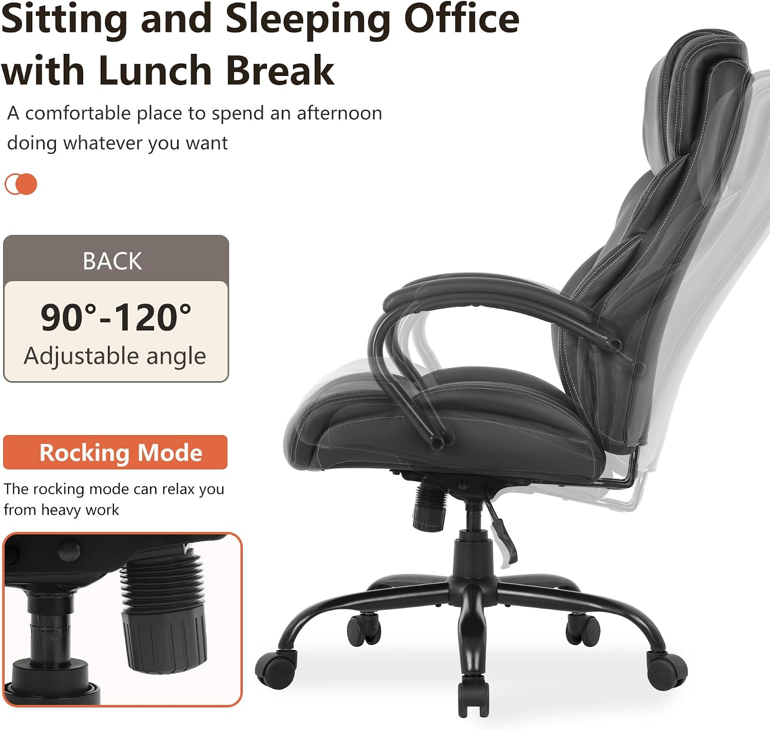 PayLessHere Big and Tall Office Chair Desk Chair 500lbs Wide Seat Ergonomic Chair with Arms and Lumbar Support Pu Leather High Back Executive Task Ergonomic Computer Chair for Back Pain, Black