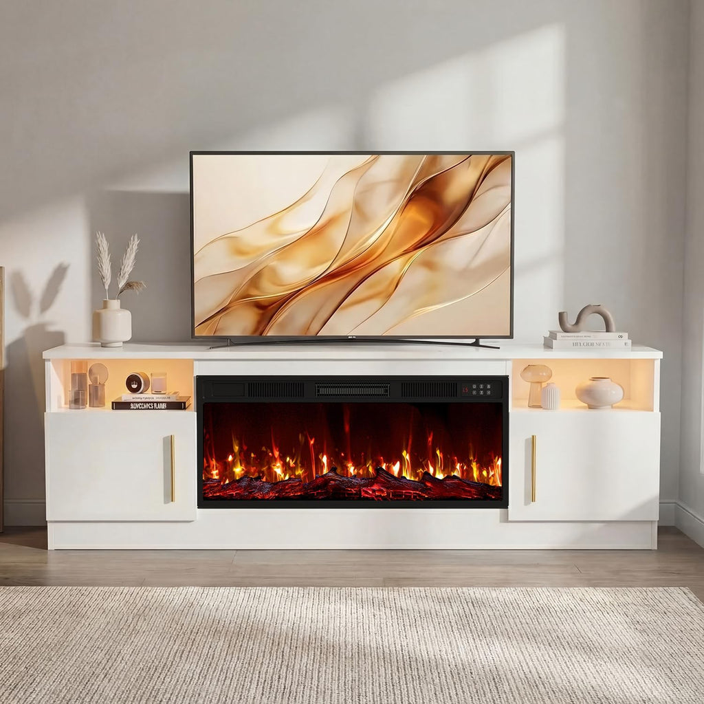 Lemberi Fireplace TV Stand with 36' Electric Fireplace, Fits TVs Up to 80', 70' LED Lit Entertainment Center, Modern High Gloss Wood with Spacious Storage Cabinet for Living Room, White
