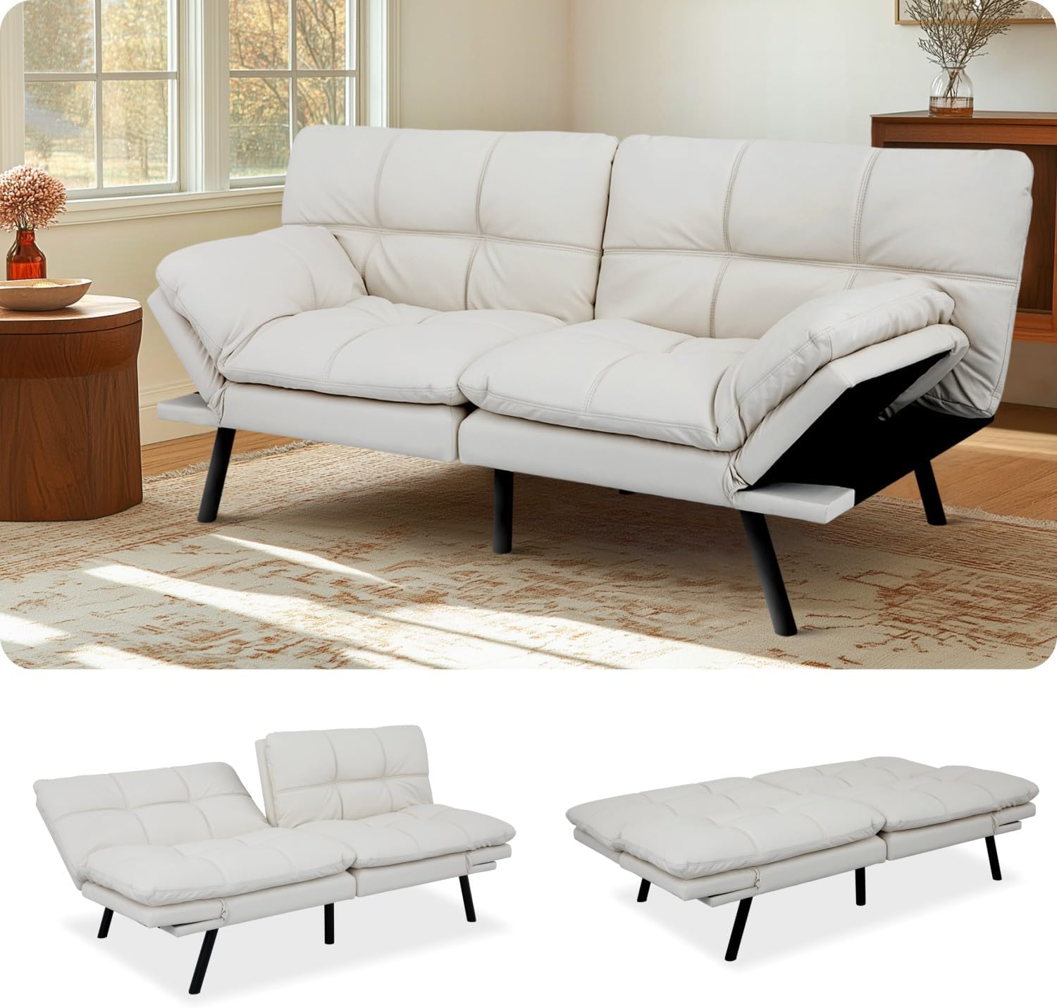 MUUEGM Futon Sofa Bed 71' Ivory Convertible Memory Foam Futon Couch Bed Modern Loveseat Sleeper with Adjustable Backrests Armrests for Living Room,Small Space,Office
