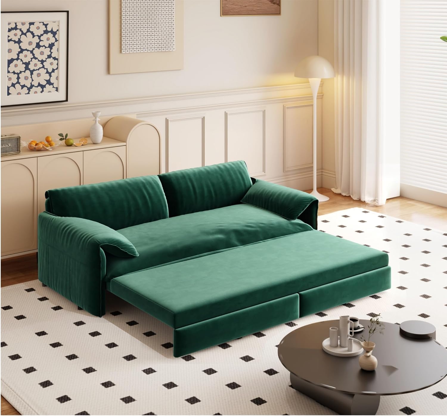 3 in 1 Convertible Queen Sleeper Sofa Bed Comfy Pull Out Futon Couch Bed 66' Modern Velvet Recliner Loveseat Sofa Multi-Functional Green Cloud Couch for Living Room,Apartment,Office (Green 66')