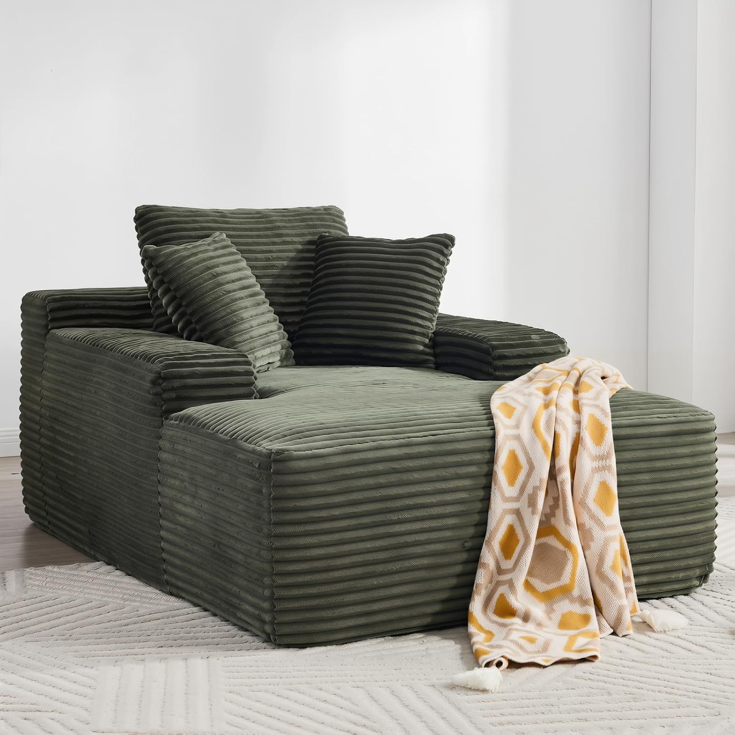 Oversized Boneless Chaise Sofa Bed, Corduroy Chaise Lounge Chair Indoor with Storage Pockets, Upholstered Cloud Sleeper Chair Bed for Small Space, Living Room, Bedroom, Apartment,Green
