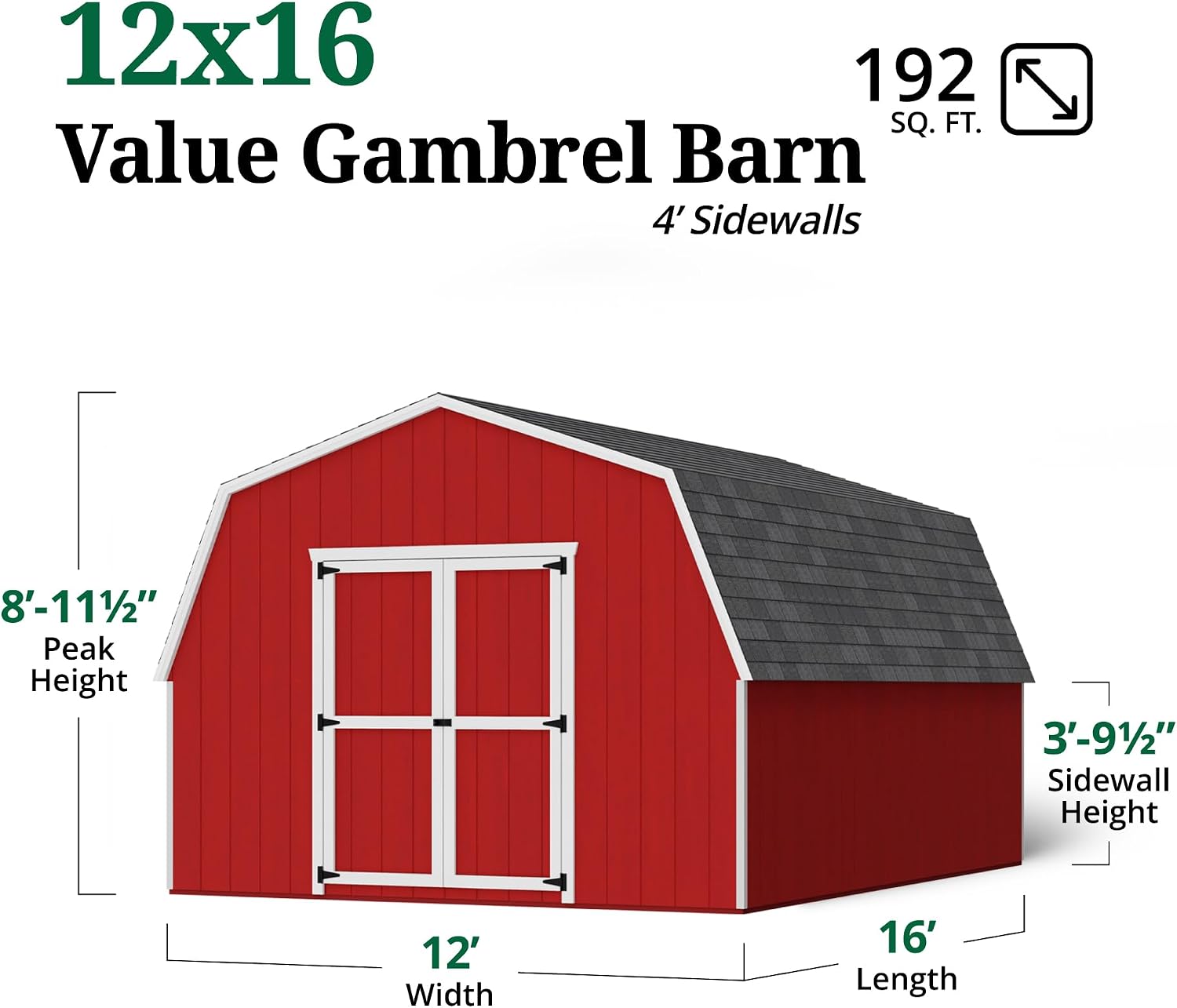 Little Cottage Co. 12x16 Value Gambrel Barn with 4 ft. Sidewalls with Floor, Outdoor Wood Storage Shed Do-It-Yourself Precut Kit