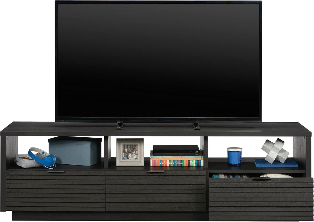Sauder Harvey Park Modern TV Stand Media Console Credenza with Drawers and Storage Shelves, in Raven Oak