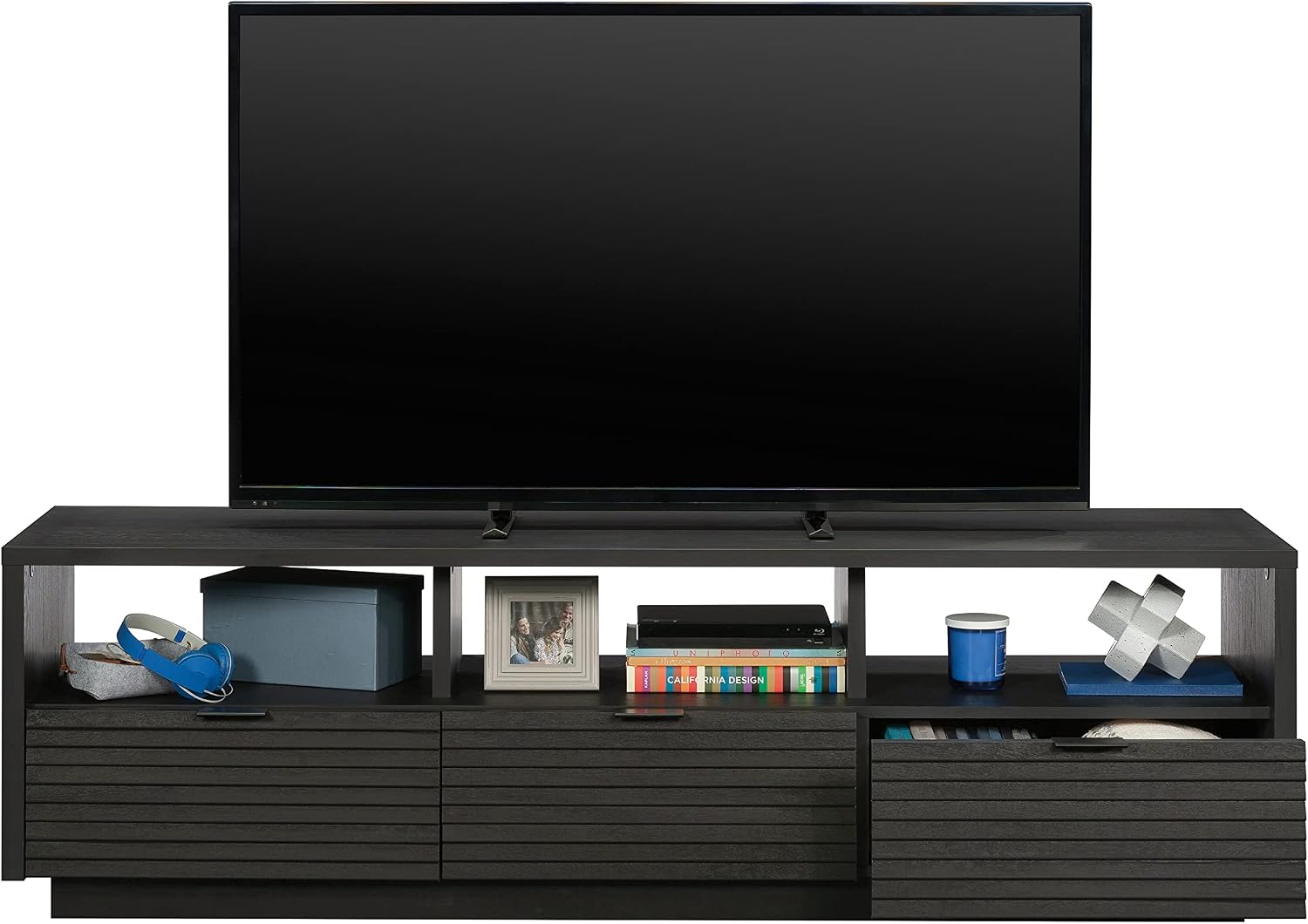 Sauder Harvey Park Modern TV Stand Media Console Credenza with Drawers and Storage Shelves, in Raven Oak