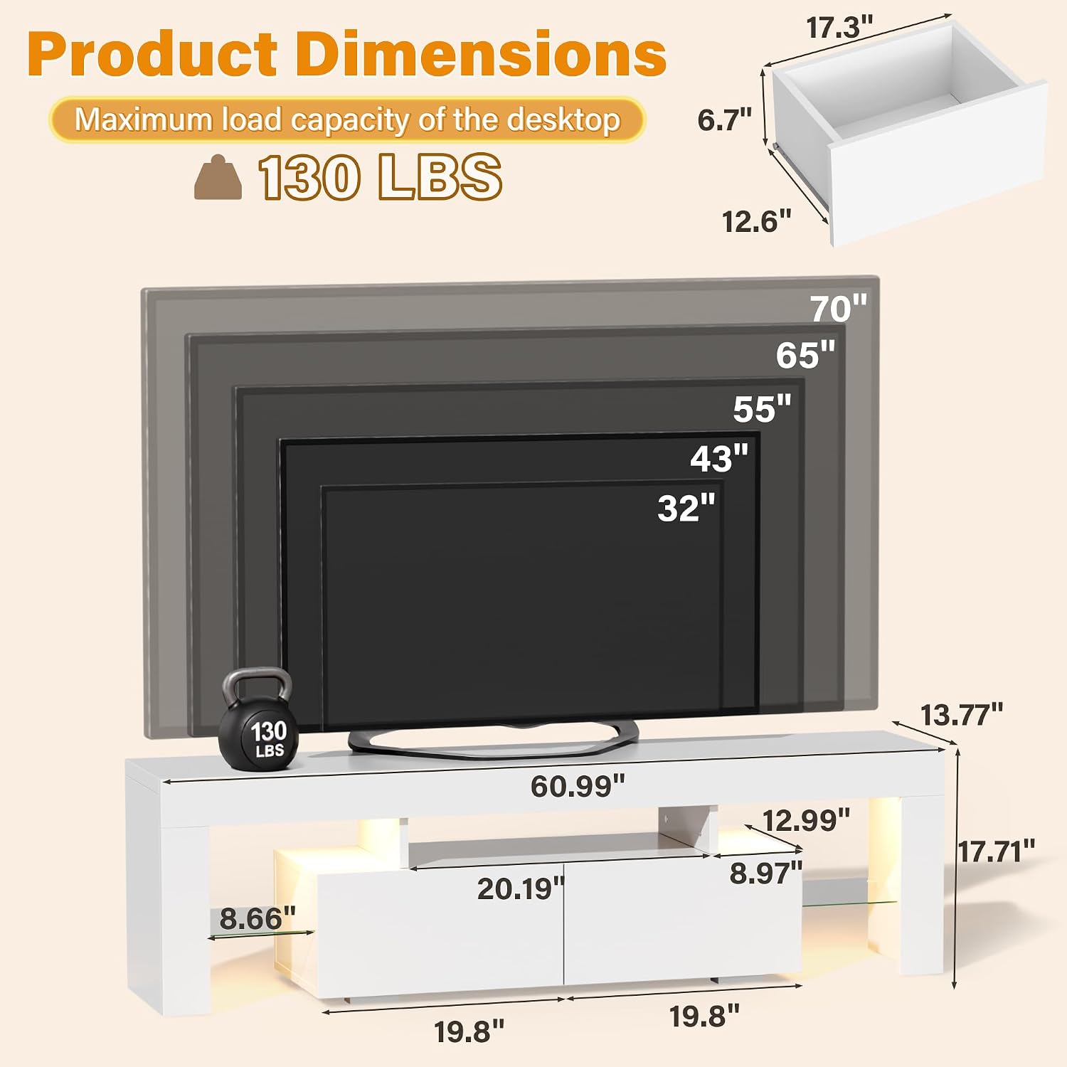 YESHOMY Modern LED TV Stand for Televisions up to 70 Inch with Glass Shelves and Drawer, Gaming Entertainment Center with Multiple Dynamic RGB Modes, for Livingroom, Bedroom, 60 Inch, Pearl White