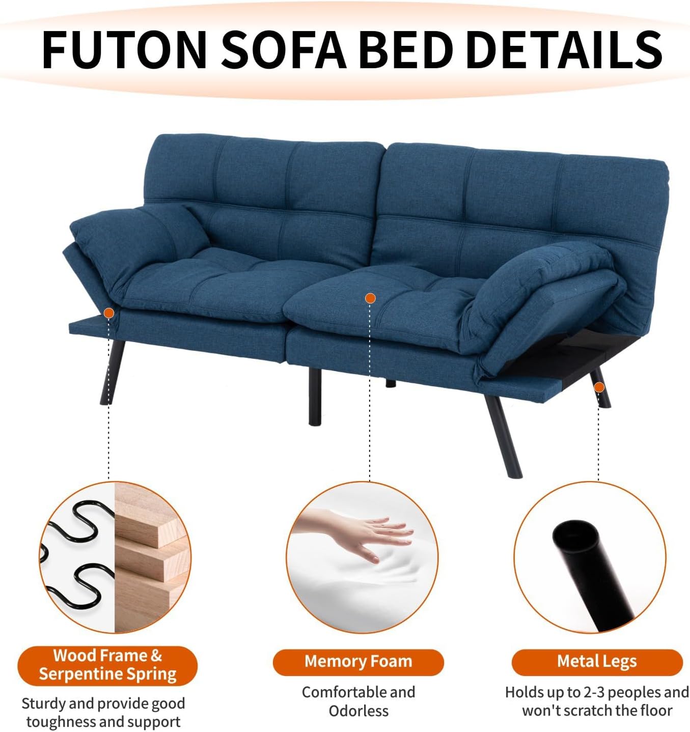 MUUEGM Futon Sofa Bed 71' Convertible Memory Foam Royal Blue Futon Couch Bed Modern Loveseat Sleeper with Adjustable Backrests Armrests for Living Room,Small Space,Office