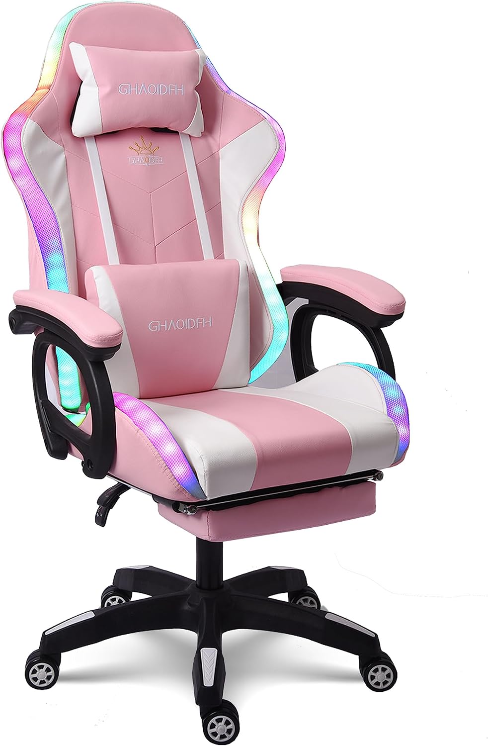 RGB Gaming Chair - Ergonomic Design with Massage, Footrest, and Integrated Speakers - Swivel Reclining PU Leather Gaming Chair with Lumbar Support - High-Back Racing Gaming Chair.,Pink