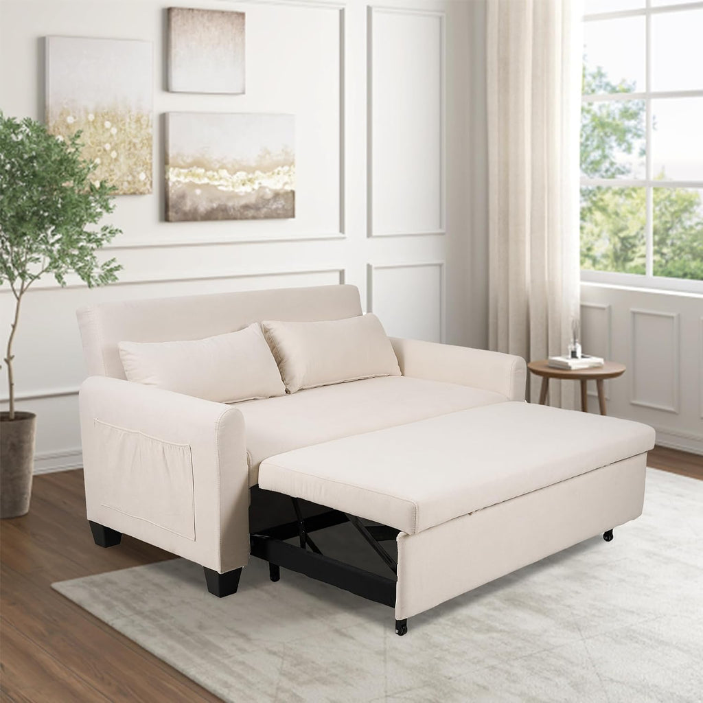 Oversized 3-in-1 Convertible Sleeper Sofa Bed, Futon Couch with Pullout Bed, 2-Seater Loveseat Sofa w/Pockets, Adjustable Backrest and Pillows for Living Room Apartment (White)