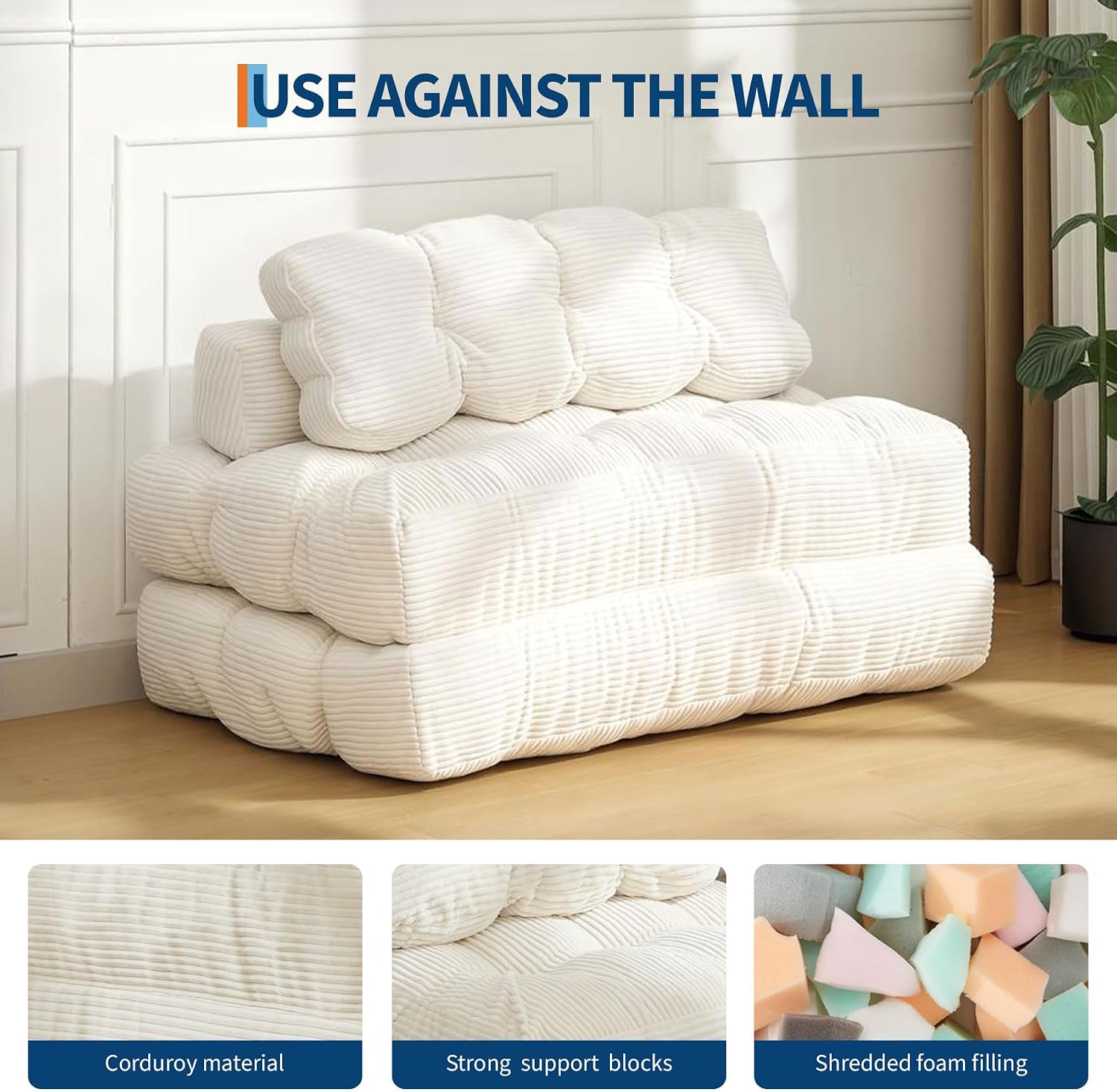 Folding Sofa Bed, 3-in-1 Convertible Sleeper Chair with Pillow, Double Futon Couch Bed with Back Support, Portable Fold Out Chair Bed Comfy Floor Sofa Lounge for Living Room Bedroom, Beige