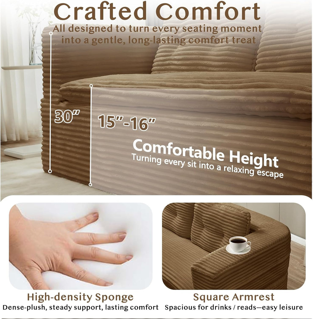 80'' Futon Sofa Bed, King Size Foldable Sleeper Sofa, Corduroy Boneless Loveseat Couch with Chaise Lounge, 3 Pillows, Blanket, Upholstered Sectional Couches for Living Room, Bedroom, Camel