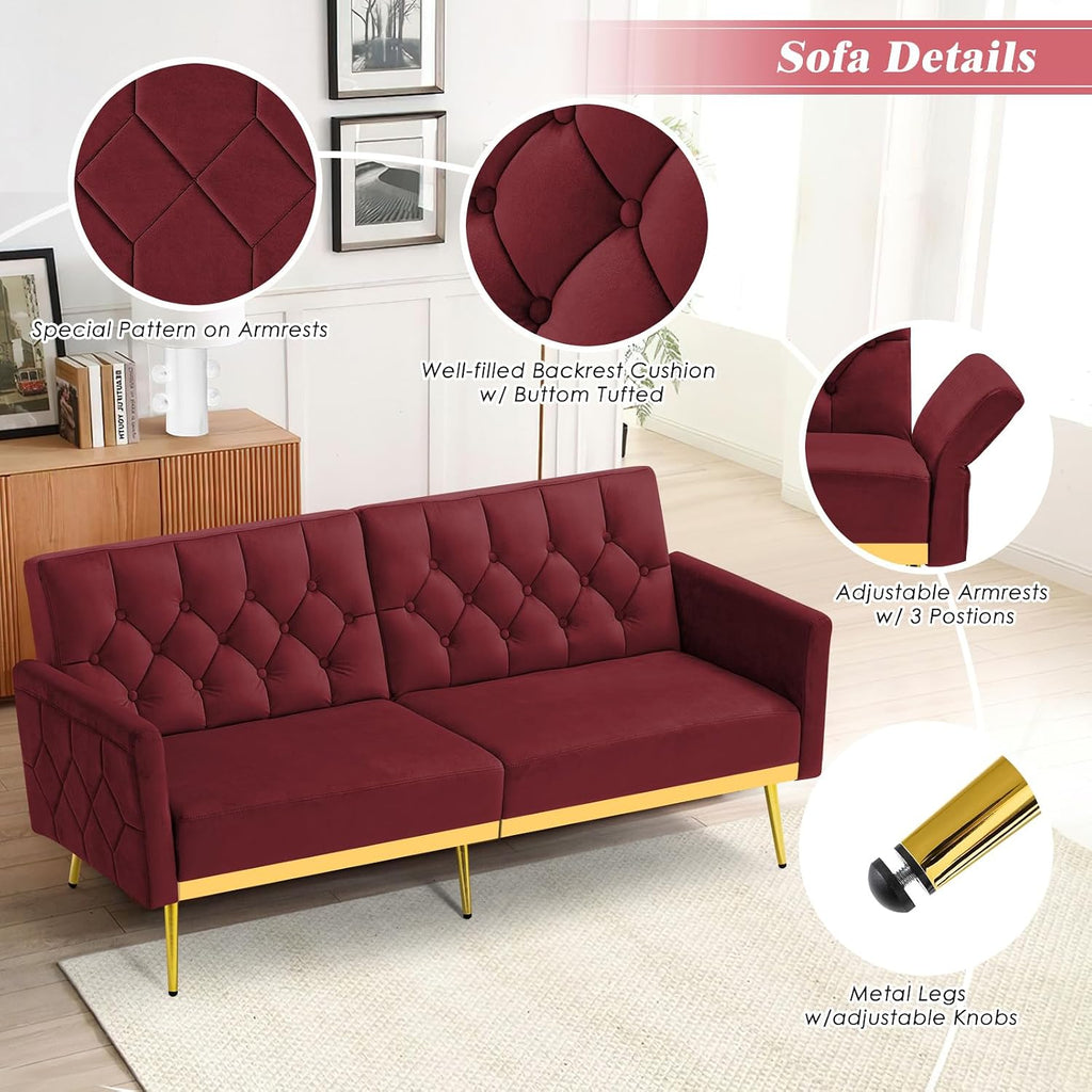 Velvet Sofa Bed w/Adjustable Armrests & Backrests, Modern Convertible Sleeper Sofa, Tufted Futon Sofa for Bedroom, Living Room, Apartment, Red