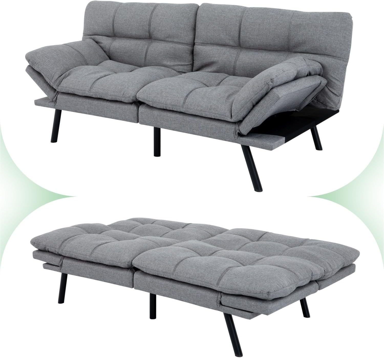 MUUEGM 71' Convertible Futon Sofa Bed, Upholstered Small Futon Couches with Adjustable Backrest, Loveseat Sleeper Bed for Compact Living Room Studio Office (Silver Grey)