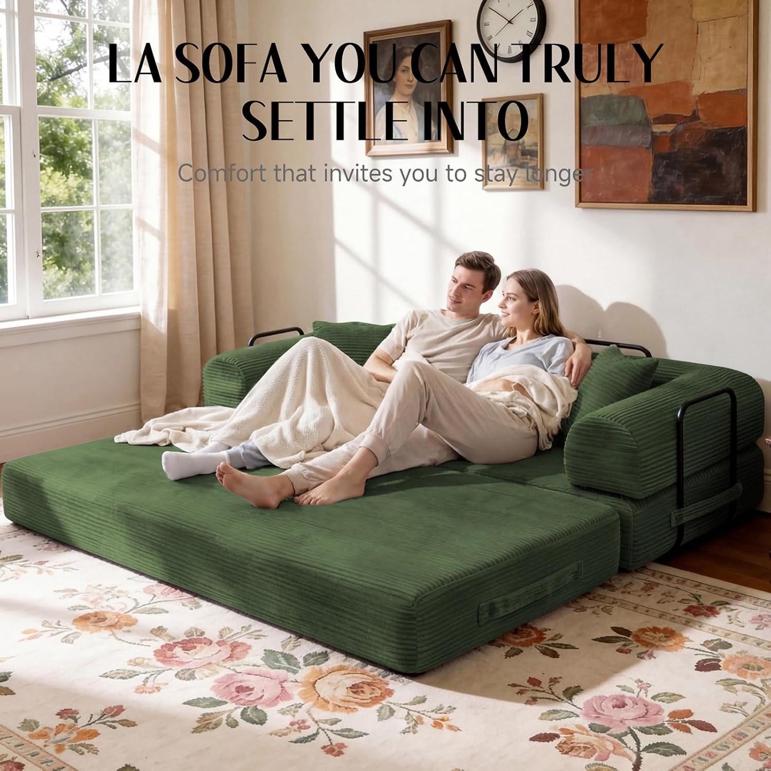79'' Convertible Sofa Bed, Boneless Couch-in-a-Box, Corduroy Floor Futon Loveseat Sleeper, 26'' Deep Seat, Removable Machine-Wash Covers, No Assembly, 2 Pillows, Forest Green