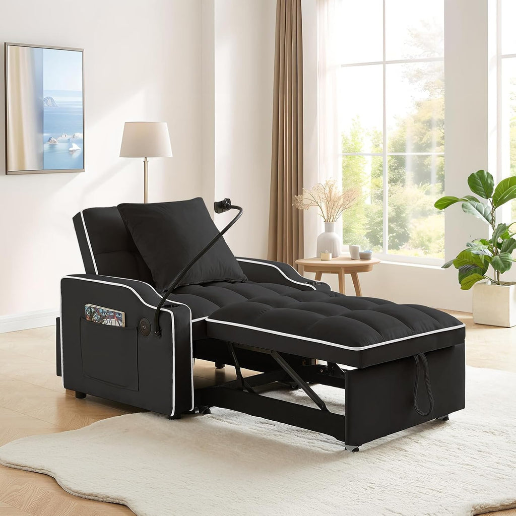Convertible Sleeper Sofa Chair Bed, 3 in 1 Velvet Single Small Futon Sofa Bed with Phone Holder & USB Ports,Pull Out Couch Recliner with Adjustable Backrest for Living Room, Office, Small Place(Black)