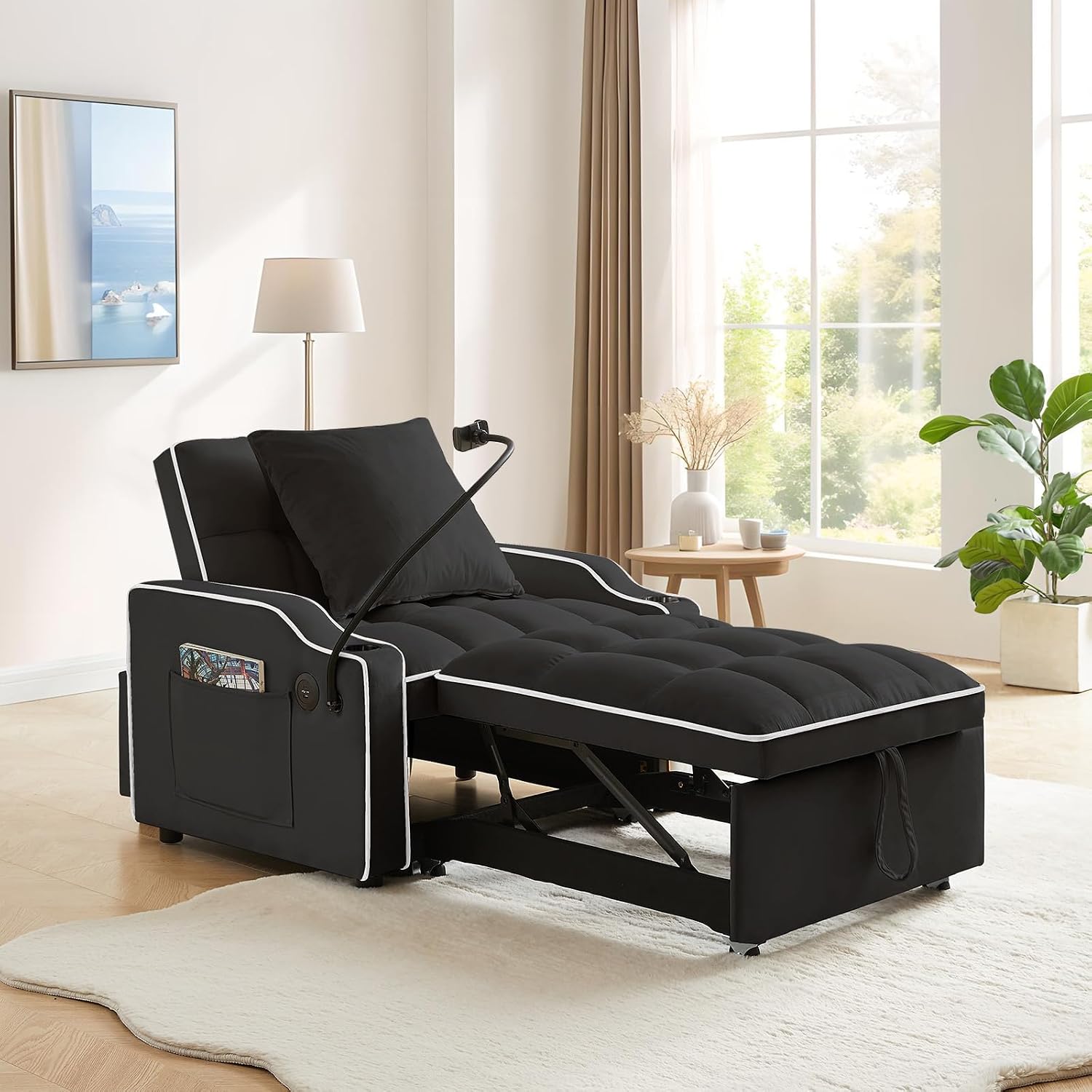 Convertible Sleeper Sofa Chair Bed, 3 in 1 Velvet Single Small Futon Sofa Bed with Phone Holder & USB Ports,Pull Out Couch Recliner with Adjustable Backrest for Living Room, Office, Small Place(Black)