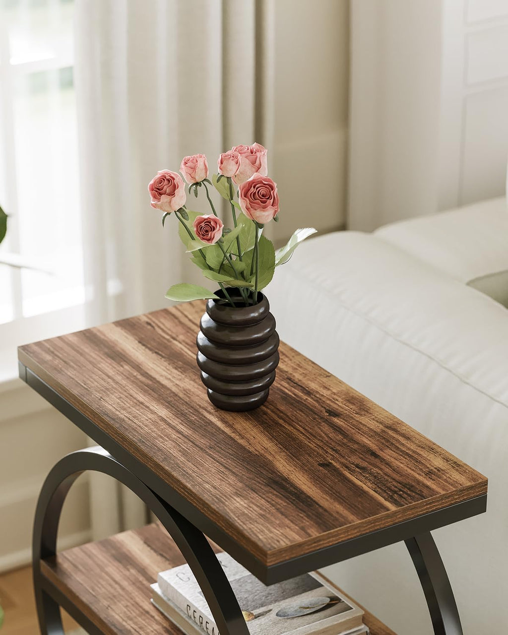 LITTLE TREE End Table Set 2, Side Table with 3 Tiers Shelves, Slim Sofa Side Table for Living Room, Tall Bedside Table Nightstand for Bedroom, Rustic Brown and Black