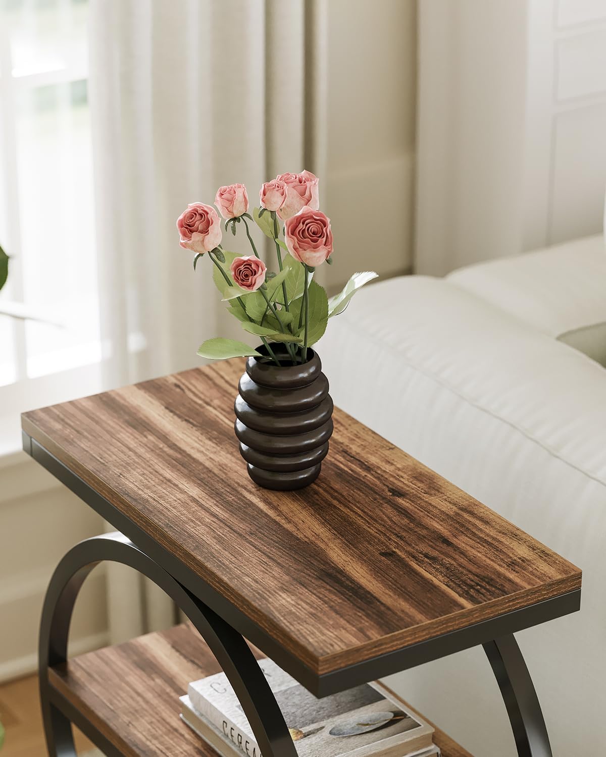 LITTLE TREE End Table Set 2, Side Table with 3 Tiers Shelves, Slim Sofa Side Table for Living Room, Tall Bedside Table Nightstand for Bedroom, Rustic Brown and Black