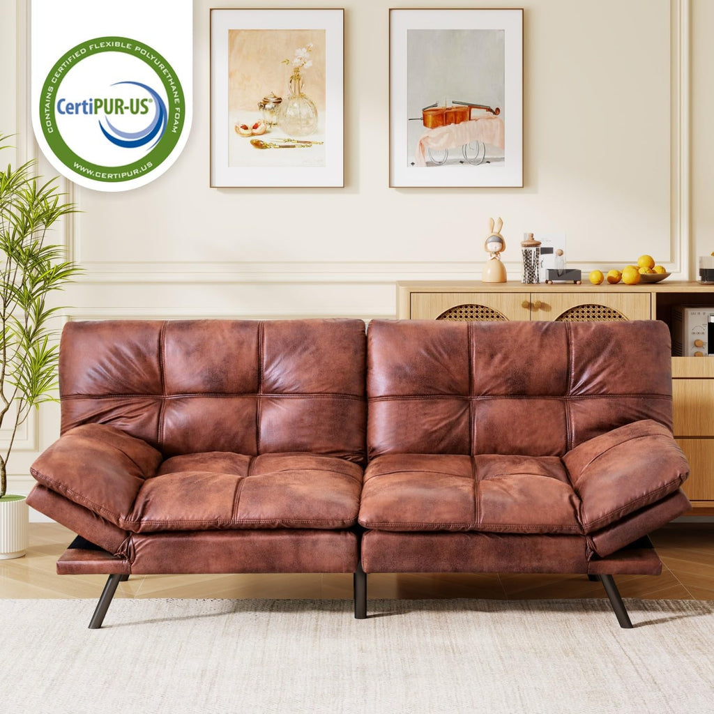 MUUEGM Futon Sofa Bed, 71' Folding Recliner Lounge with Adjustable Backrest & Armrests, Comfy Loveseat Sleeper Couch for Compact Spaces, Faux Leather, Brown