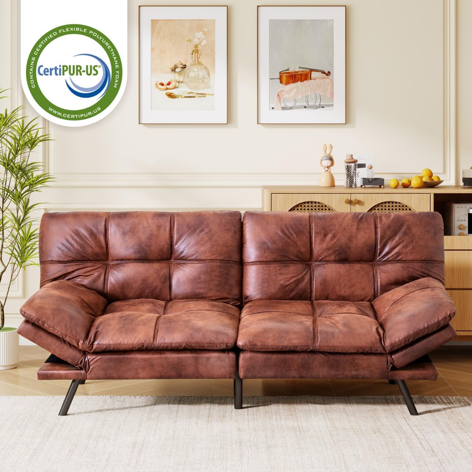 MUUEGM Futon Sofa Bed, 71' Folding Recliner Lounge with Adjustable Backrest & Armrests, Comfy Loveseat Sleeper Couch for Compact Spaces, Faux Leather, Brown
